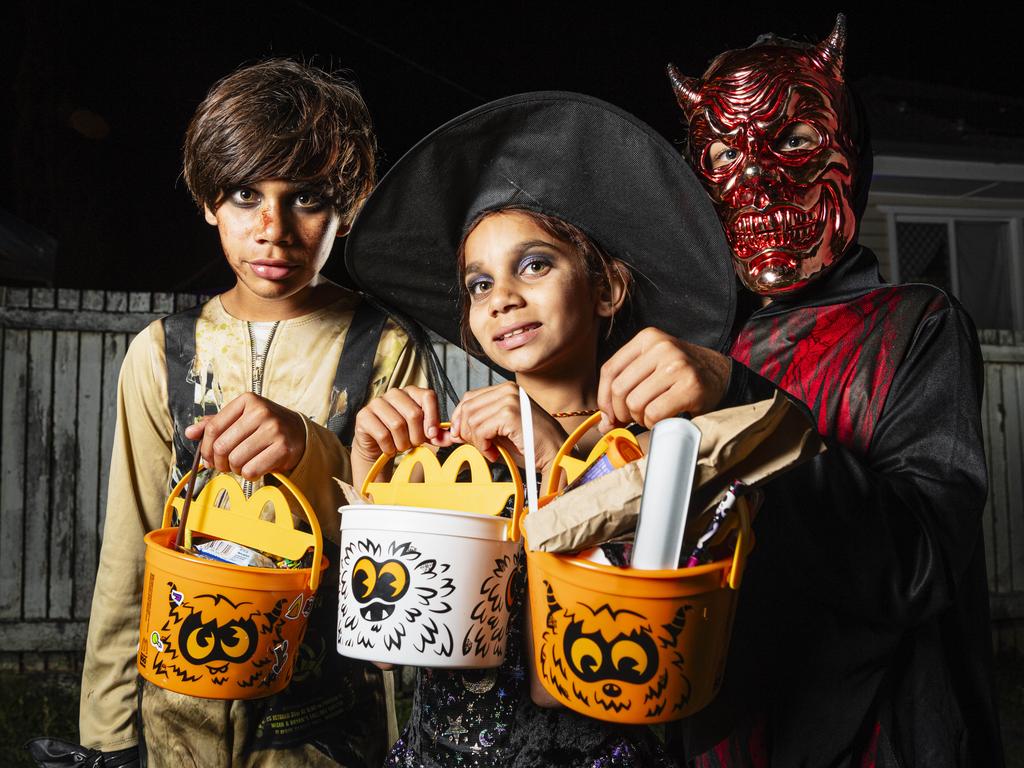 Trick or treating are (from left) Alwyn, Kitarna and Kyaal McCarthy on Halloween, Thursday, October 31, 2024. Picture: Kevin Farmer