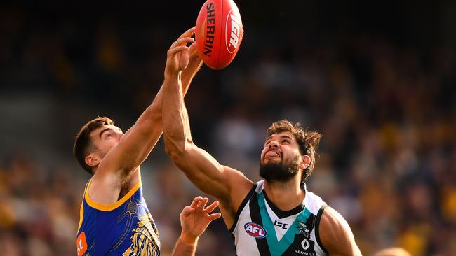 West Coast premiership ruckman Scott Lycett and Port Adelaide lead ruckman Patrick Ryder will form a powerful new tandem for the Power after Lycett scored a free-agency path home to Alberton on Tuesday. Picture: Daniel Carson / Getty Images