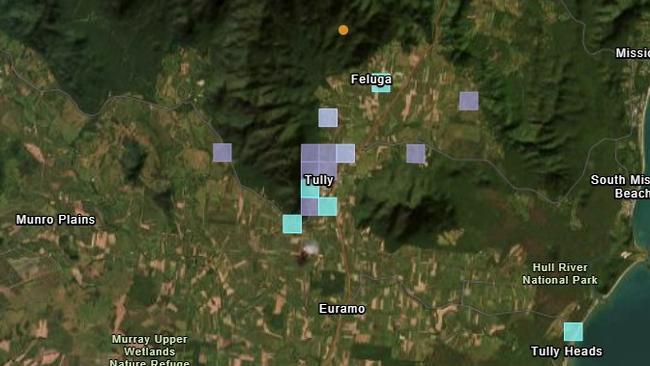 Almost 60 people reported to have ’felt’ a 2.1 magnitude earthquake in Tully, Far North Queensland, on Tuesday night. Orange marks the epicentre and purple/blue marks where the quake was reportedly felt. Map: Geoscience Australia