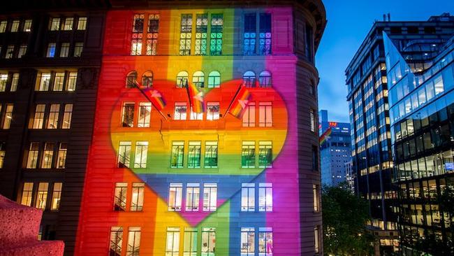 Atlassian threw its weight behind the same-sex marriage campaign including by lighting up their Sydney headquarters in rainbow colours. It’s easy to take a principled position when most of the world agrees with you. Picture: Supplied