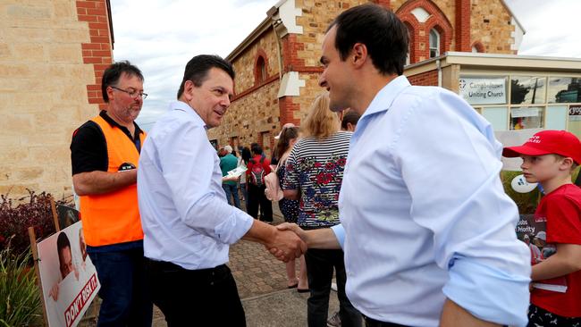 Vincent Tarzia and Nick Xenophon meet at Campbelltown Uniting Church Hall. PIC TAIT SCHMAAL.