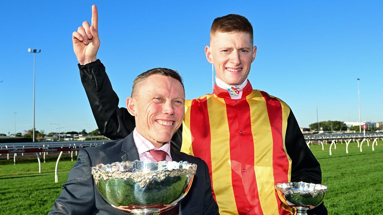 Chris Munce and Kyle Wilson-Taylor combine to win their first Group 1 with Palaisipan in the Tattersall's Tiara at Eagle Farm. Picture: Grant Peters — Trackside Photography.