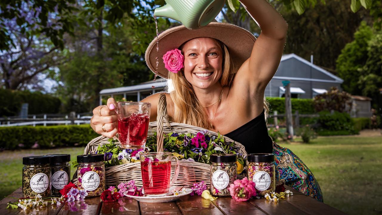 Shelby Smith at Elderflower Farm in the Scenic Rim with their floral teas. Picture: Nigel Hallett