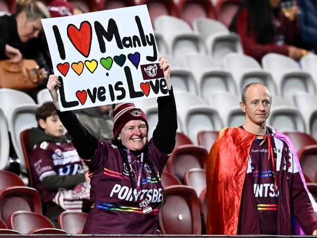 There were plenty of spectators celebrating Manly’s inclusive stance at the game. Picture: AAP Image/Dan Himbrechts