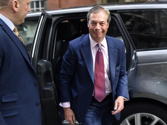 Brexit Party leader Nigel Farage arrives at Millbank Studios in London after his European Parliament victory. Picture: Getty Images