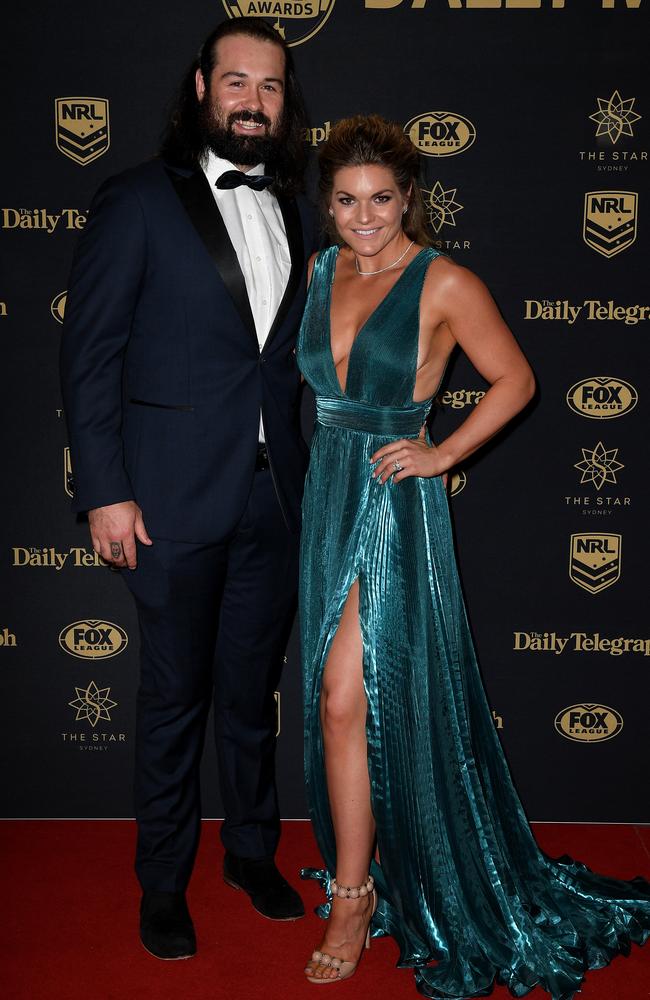 Wests Tigers player Aaron Woods and wife Sarah arrive at the Dally M Awards in Sydney, Wednesday, September 27, 2017. The awards are named in honour of former Australian Rugby League great Herbert Henry 'Dally' Messenger, and were introduced in 1980. (AAP Image/Dan Himbrechts) NO ARCHIVING