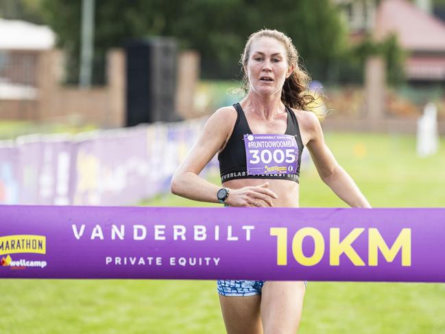 Tamara Carvolth is the first female to finish the 10km event of the Toowoomba Marathon, Sunday, May 5, 2024. Picture: Kevin Farmer