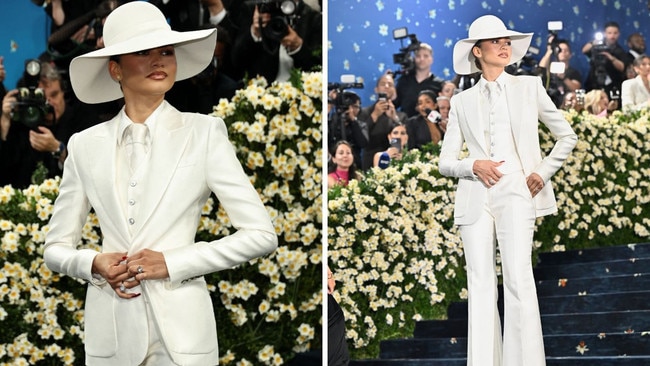 Zendaya came close to matching Hamilton in a white Louis Vuitton suit by Pharrell Williams. Her outfit paid homage to 1970s glamorous icon Bianca Jagger. She is seen wearing her 5.02-carat diamond ring from Tom Holland. Picture: Getty