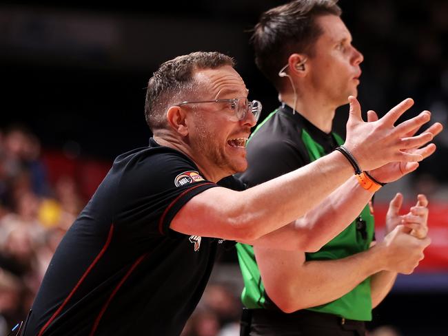 WOLLONGONG, AUSTRALIA - OCTOBER 01:  Hawks coach Jacob Jackomas shows his frustration to the referee during the round one NBL match between Illawarra Hawks and Sydney Kings at WIN Entertainment Centre, on October 01, 2022, in Wollongong, Australia. (Photo by Mark Kolbe/Getty Images)