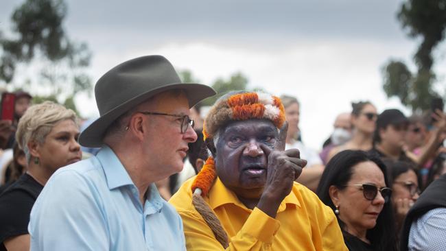 Yunupingu with Prime Minister Anthony Albanese at Garma in 2022. Picture: Melanie Faith Dove