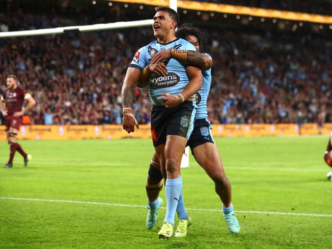 Latrell Mitchell was immense for the Blues during game two of the 2021 State of Origin series held at Suncorp Stadium. Picture: Getty Images