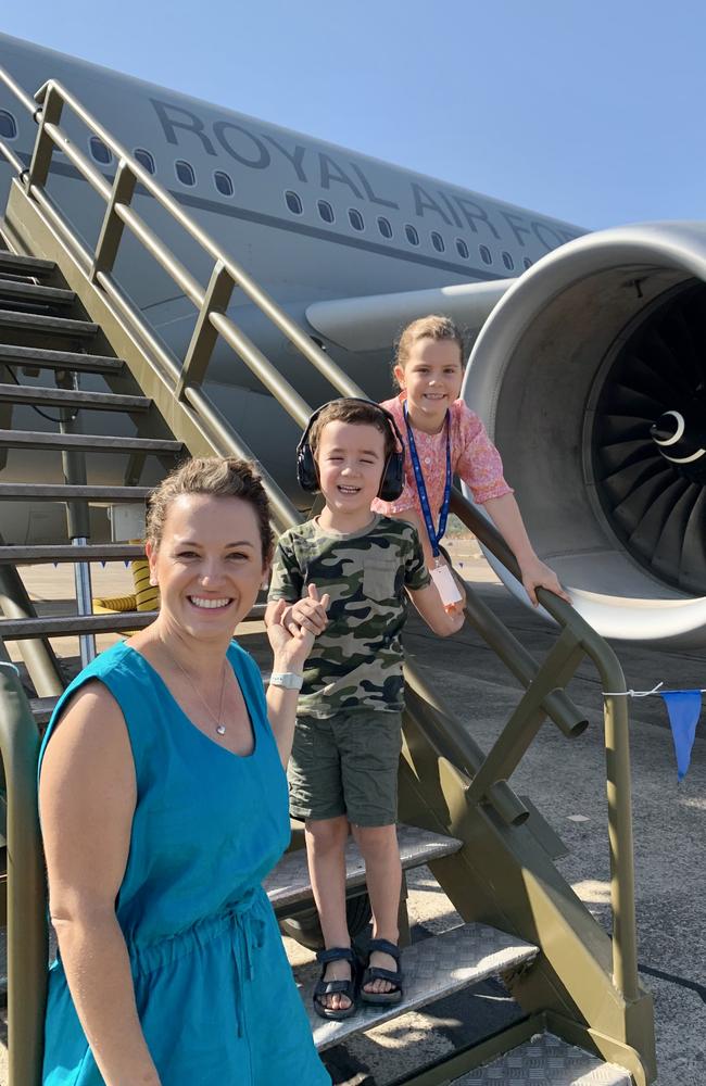NT Opposition Leader Lia Finocchiaro with her children Isaac Finocchiaro and Isla Finocchiaro at the Pitch Black Open Day at RAAF Darwin. Saturday, August 27, 2022. Picture: Tara Miko
