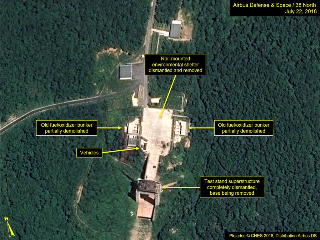 This July 22 satellite image released and annotated by 38 North shows what the U.S. research group says is the dismantled engine test stand at the Sohae launch site in North Korea. Picture: AP