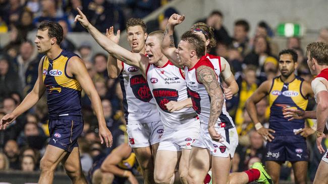 Melbourne’s form has been inconsistent since Tom McDonald kicked the winning goal against West Coast at Subiaco in Round 14. Picture: AAP