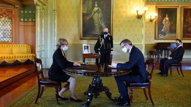 NSW Governor Margaret Beazley swears in Dominic Perrottet as the state’s 46th Premier at Government House on Tuesday. Picture: Getty Images