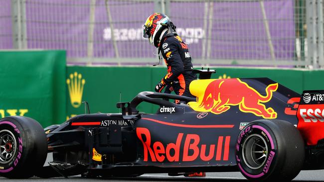 Daniel Ricciardo climbs from his car after crashing during the Azerbaijan Formula One Grand Prix. Picture: Getty