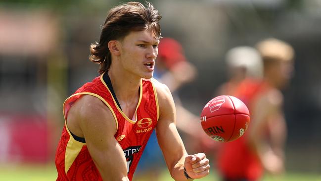 GOLD COAST, AUSTRALIA - NOVEMBER 25: Lachlan Gulbin during a Gold Coast Suns AFL training session at Austworld Centre Oval on November 25, 2024 in Gold Coast, Australia. (Photo by Chris Hyde/Getty Images)