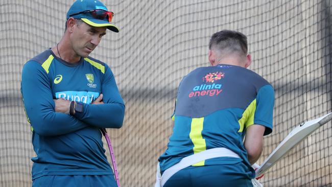 Australian cricket Training and Lunch. 25/12/2019..   Australian coach Justin Langer talks with Marnus Labuschagne  . Pic: Michael Klein