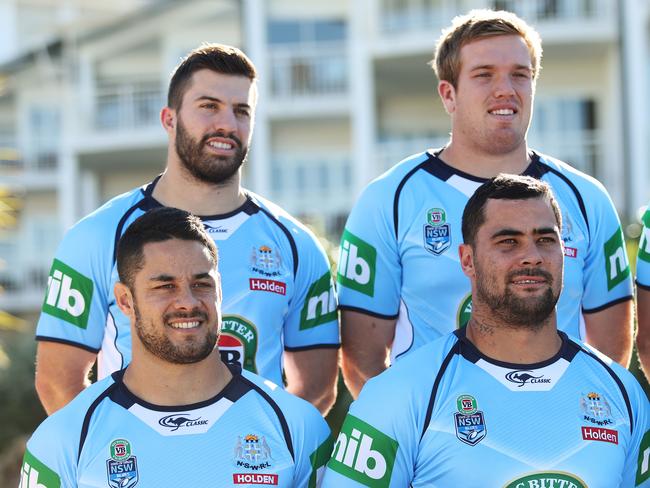 Jarryd Hayne (bottom left) is all smiles in the NSW Blues team photo. Picture: Brett Costello