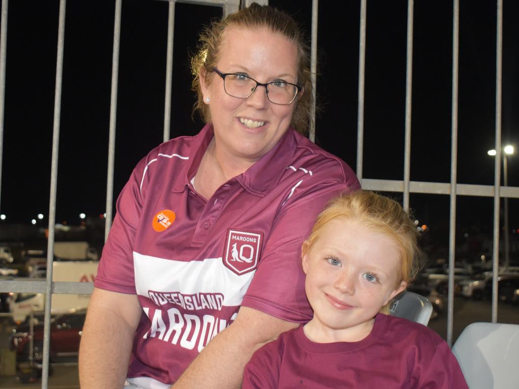 Natalie Stanlake (left) and Evie MacDonald at the Manly Sea Eagles v Sydney Roosters NRL semi final match at BB Print Stadium, Mackay, September 17, 2021. Picture: Matthew Forrest