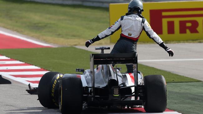 Germany’s Adrian Sutil in a struggling Sauber after crashing during the United States Formula One Grand Prix.