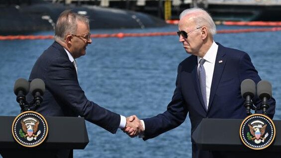 SAN DIEGO, CA - MARCH 13: U.S. President Joe Biden and Prime Minister Anthony Albanese of Australia shake hands on Australia â United Kingdom â United States (AUKUS) Partnership as Prime Minister Rishi Sunak of the United Kingdom participates at Naval Base Point Loma in San Diego, California, United States on March, 13, 2023. (Photo by Tayfun Coskun/Anadolu Agency via Getty Images)