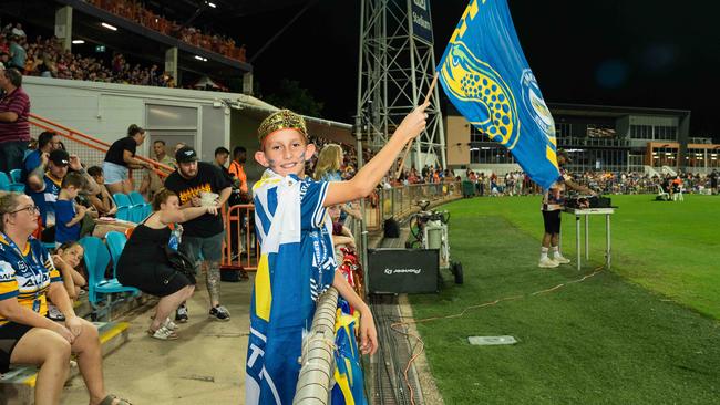 Nate Burke flying the flag for Parramatta at the 2023 NRL match at TIO Stadium. Picture: Pema Tamang Pakhrin