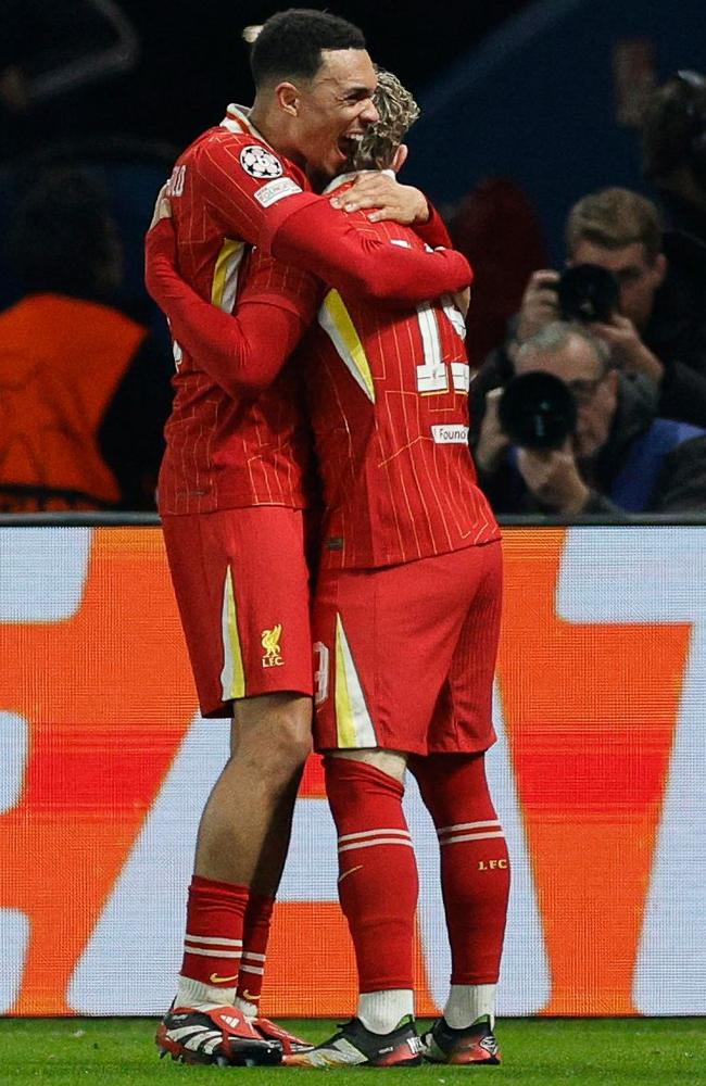 Harvey Elliott celebrates with Liverpool teammate Trent Alexander-Arnold. Picture: AFP