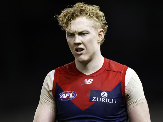 MELBOURNE, AUSTRALIA - AUGUST 01: Clayton Oliver of the Demons looks on during the round 20 AFL match between Gold Coast Suns and Melbourne Demons at Marvel Stadium on August 01, 2021 in Melbourne, Australia. (Photo by Daniel Pockett/Getty Images)