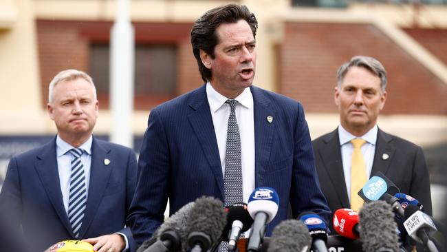 HOBART, AUSTRALIA - MAY 03: Gillon McLachlan, Chief Executive Officer of the AFL speaks with media during the AFL Tasmanian Team Announcement at North Hobart Oval on May 03, 2023 in Hobart, Australia. (Photo by Michael Willson/AFL Photos via Getty Images)