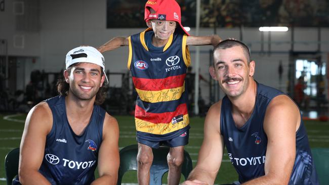 Enzo Cornejo attended Crows training at the Club where he had a chance to meet the AFL team and have a kick of the footy with them. Two of his favourite players, Joshua Rachele and Taylor Walker spent some extra time with the youngster. 11 January 2023. Picture Dean Martin