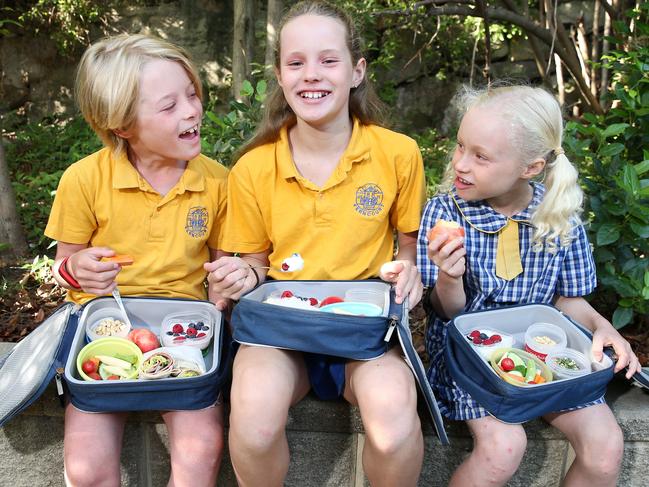 Elliot, 8, Georgia, 10, and Lucy, 8, Veerhuis. Their mum Rachel Clemons makes healthy lunch boxes for school. Parents are increasingly ditching sandwiches because of boredom or dietary issues, for a more gourmet lunch. Picture: Richard Dobson 