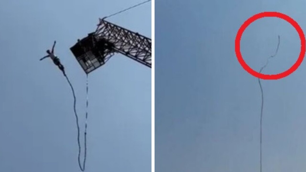 This is the shocking moment a tourist’s bungee cord snapped and sent him plummeting into a lake.