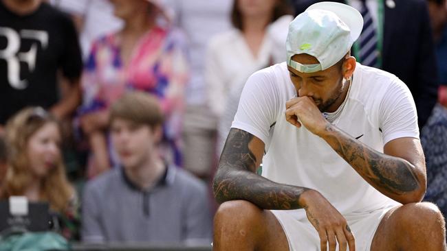 Australia’s Nick Kyrgios reacts after winning his Wimbledon quarterfinal against Chile’s Cristian Garin. Picture: AFP