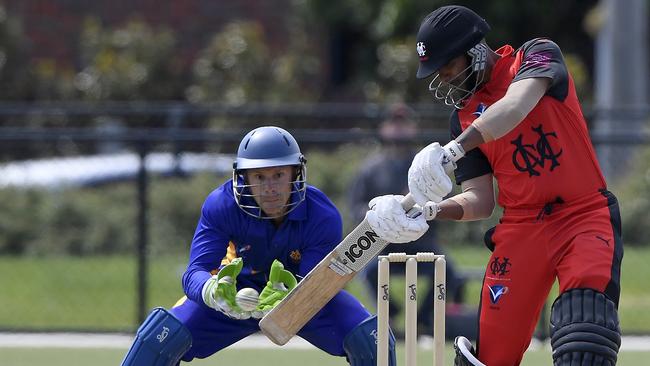 VSDCA: Moorabbin bat Janik de Silva and Williamstown keeper Brenton Hodges keep a close eye on the ball. Picture: Andy Brownbill