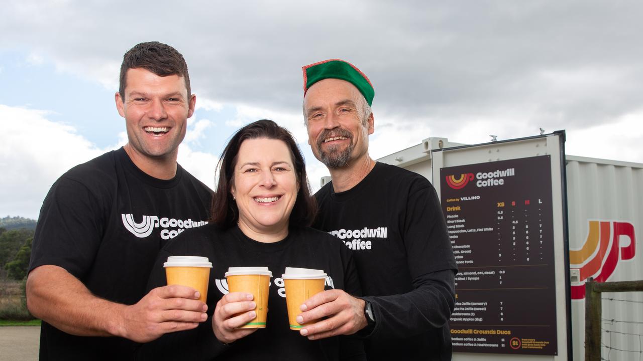 Goodwill coffee team Will Smith, Sarah McDonald and Juha Palonen at Goodwill coffee in Huonville. Picture: Linda Higginson