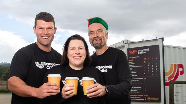 Goodwill coffee team Will Smith, Sarah McDonald and Juha Palonen at Goodwill coffee in Huonville. Picture: Linda Higginson