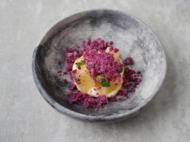 Buttermilk custard, kiwi, and red cabbage at Igni. Picture: Rebecca Michael