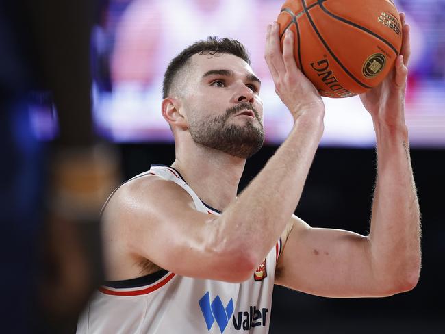 MELBOURNE, AUSTRALIA - DECEMBER 16: Isaac Humphries of the 36ers shoots a free throw during the round 11 NBL match between Melbourne United and Adelaide 36ers at John Cain Arena, on December 16, 2023, in Melbourne, Australia. (Photo by Daniel Pockett/Getty Images)