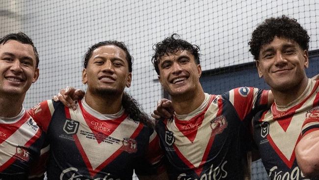 Joey Manu, Sitili Tupouniua, Joseph Aukuso-Suaalii, Siua Wong have formed a hip hop group. Photo: Sydney Roosters