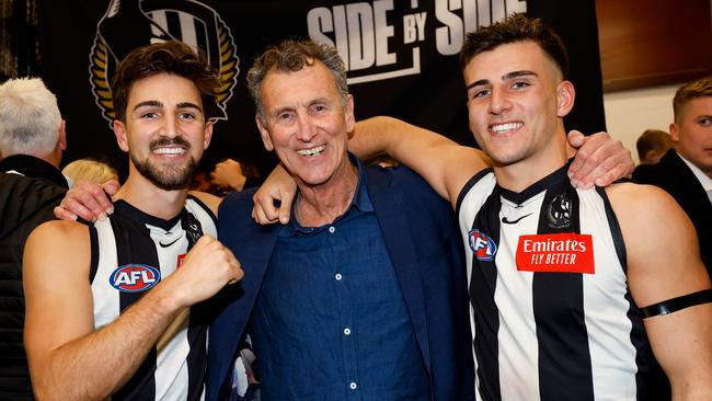 Collingwood legend Peter Daicos with sons Josh (left) and Nick. Picture: Dylan Burns/AFL Photos via Getty Images