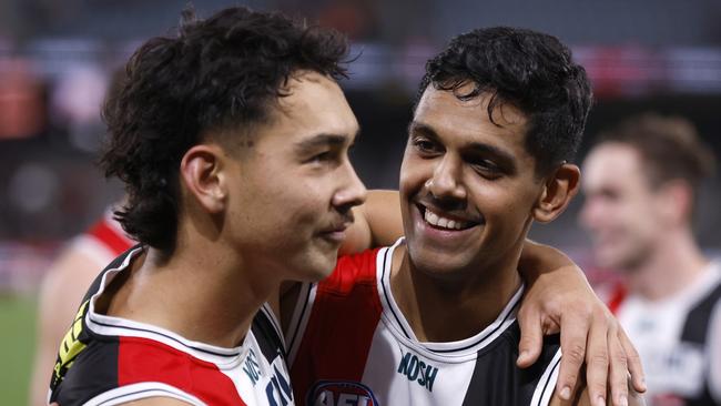 MELBOURNE, AUSTRALIA - APRIL 08: Mitch Owens and Nasiah Wanganeen-Milera of the Saints embrace after  the round four AFL match between St Kilda Saints and Gold Coast Suns at Marvel Stadium, on April 08, 2023, in Melbourne, Australia. (Photo by Darrian Traynor/Getty Images)