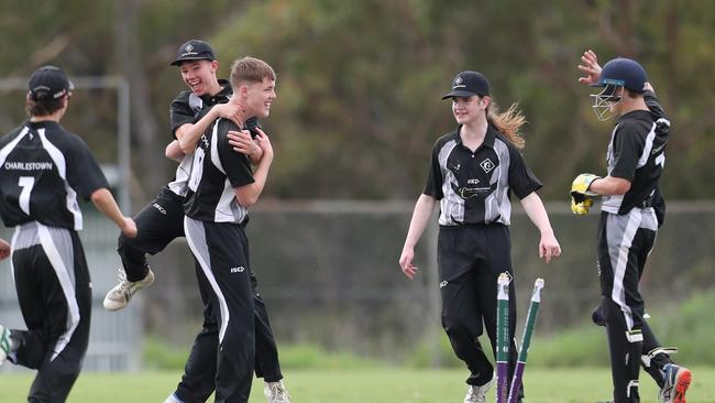 Charlestown celebrate a wicket. Charlestown v Newcastle City, SG Moore Cup round one at Kahibah Oval. Picture: Sue Graham