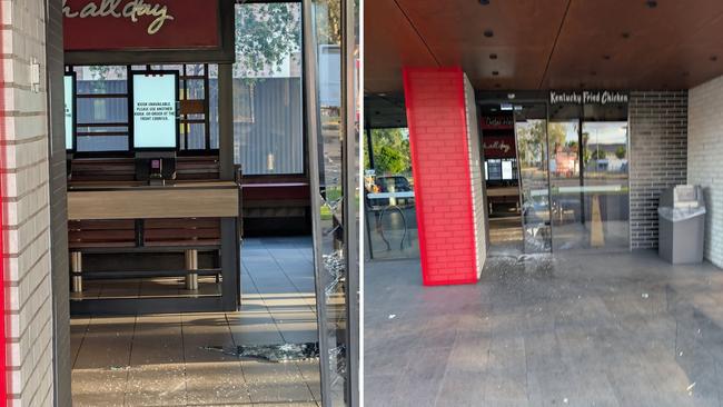 The front door at KFC in Alice Springs was smashed with a trolley on Thursday morning, January 9, 2025. Picture: Supplied/ Shane Martyn