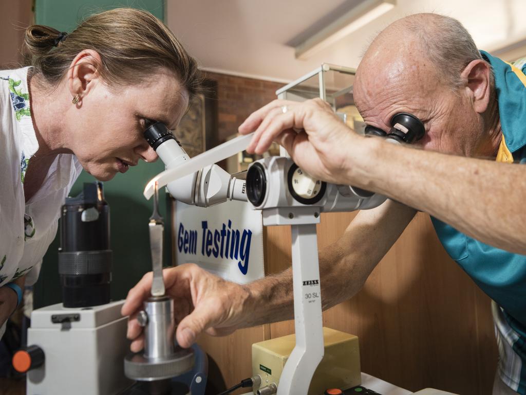 Wanita Judge has a stone she fossicked identified as a Zircon by Rod Brightman at Gemfest hosted by Toowoomba Lapidary Club at Centenary Heights State High School, Saturday, October 21, 2023. Picture: Kevin Farmer