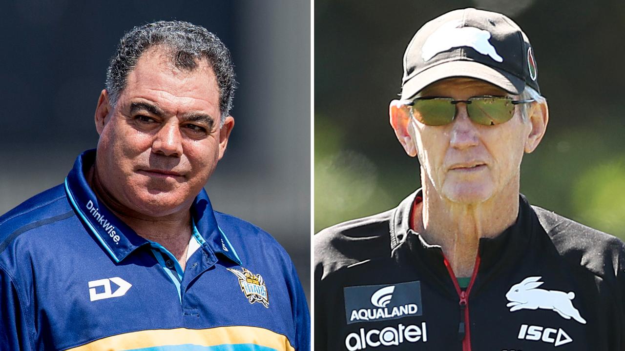 Titans head of culture Mal Meninga and South Sydney coach Wayne Bennett.