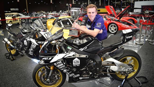 Rookie Superbike Championships rider Michael Blair with his bikes at Gosford Classic Car Museum at West Gosford (AAP IMAGE / Troy Snook)