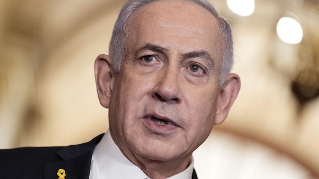 Israeli Prime Minister Benjamin Netanyahu speaks to the press at the US Capitol following his closed-door meeting with US Speaker of the House Mike Johnson, Republican from Louisiana, in Washington, DC, on February 7, 2025. (Photo by oliver contreras / AFP)