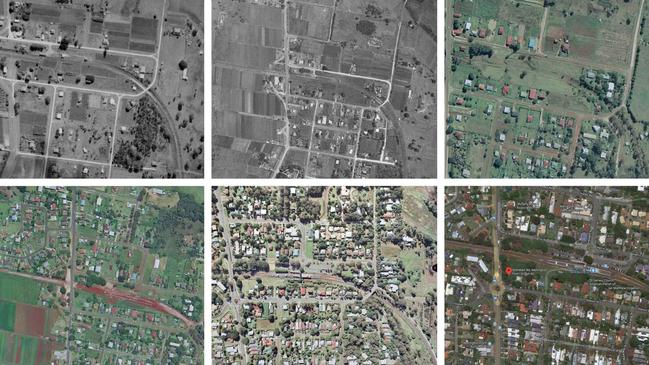 Wellington Point from the air showing the Main Rd property starting from top left: 1946; 1960; 1973; 1985; 1999 and today.