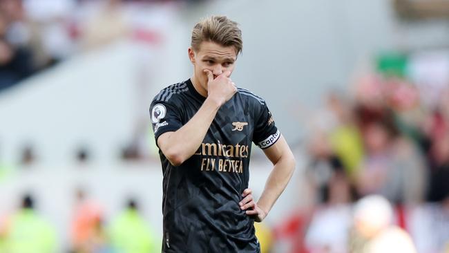 NOTTINGHAM, ENGLAND - MAY 20: Martin Odegaard of Arsenal reacts during the Premier League match between Nottingham Forest and Arsenal FC at City Ground on May 20, 2023 in Nottingham, England. (Photo by Catherine Ivill/Getty Images)